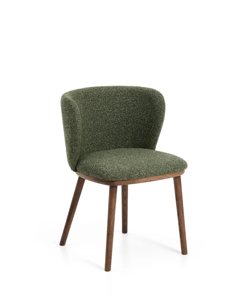 Ciselia dark green thick chenille chair with walnut legs