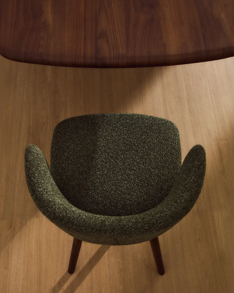 Ciselia dark green thick chenille chair with walnut legs