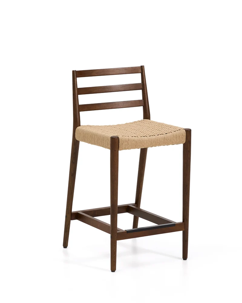 Analy stool with backrest in solid oak wood with walnut-tone finish and rope seat 65 cm