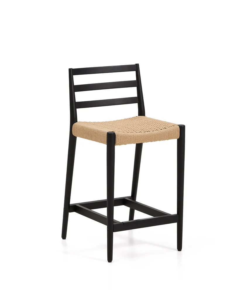 Analy stool with a backrest in solid oak wood in a black finish and rope cord seat 65 cm