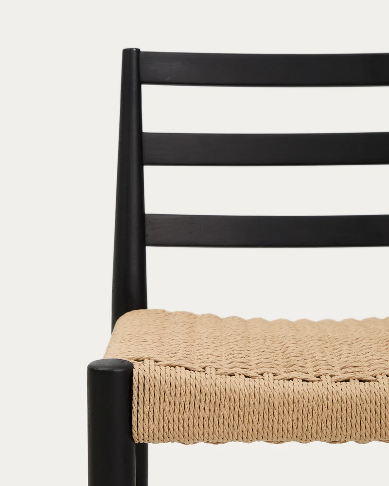 Analy stool with a backrest in solid oak wood in a black finish and rope cord seat 65 cm