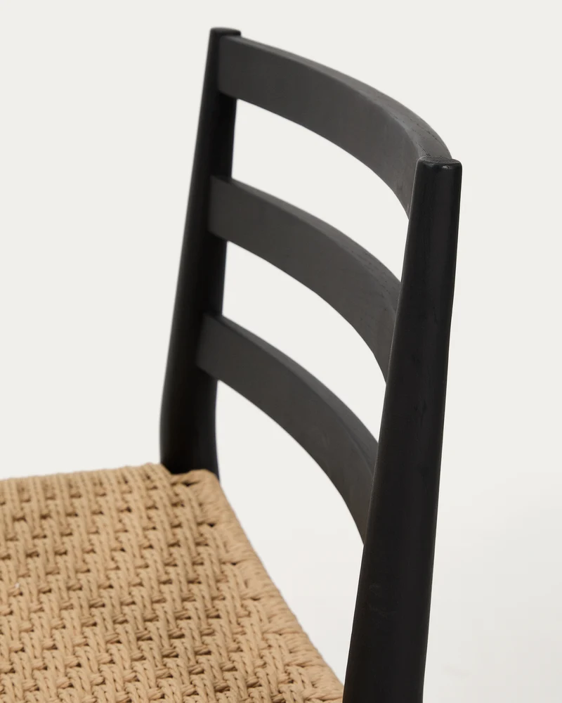 Analy stool with a backrest in solid oak wood in a black finish and rope cord seat 65 cm