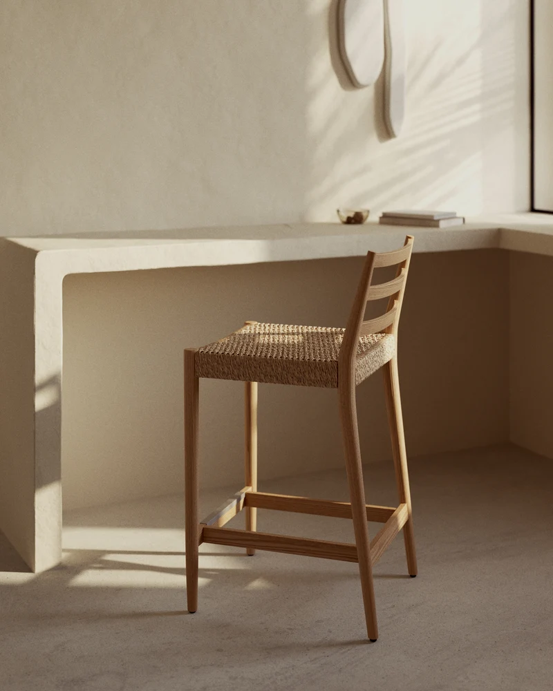 Analy stool backrest solid oak wood natural-tone finish and rope seat 65 cm
