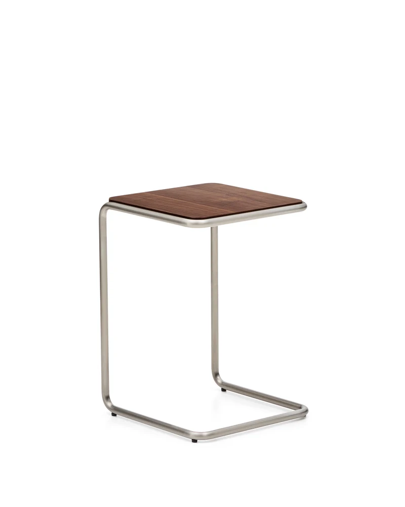 Tarsel side table in walnut veneer with brushed stainless steel structure 42 x 60cm