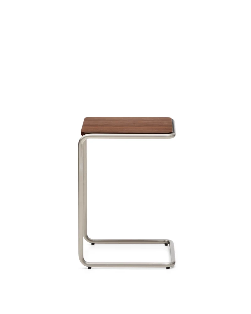 Tarsel side table in walnut veneer with brushed stainless steel structure 42 x 60cm