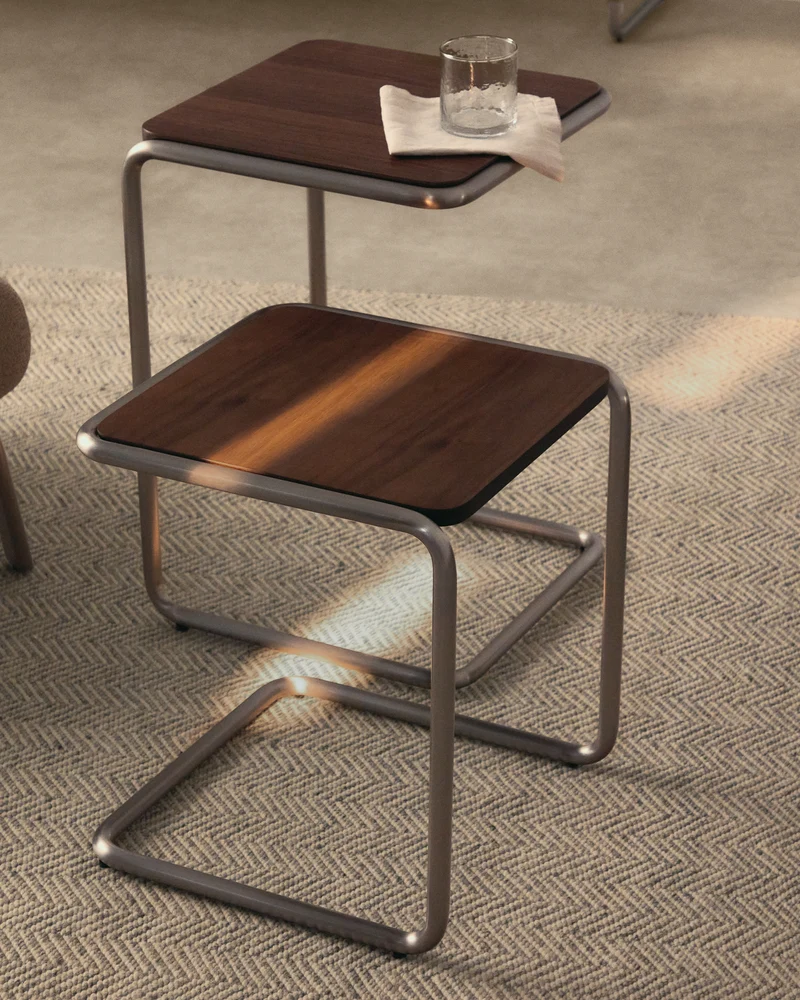Tarsel side table in walnut veneer with brushed stainless steel structure 42 x 60cm