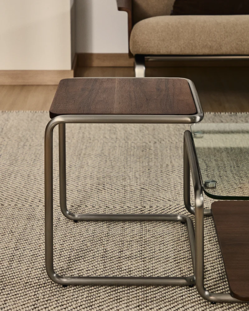 Tarsel side table in walnut veneer with brushed stainless steel structure 42 x 60cm