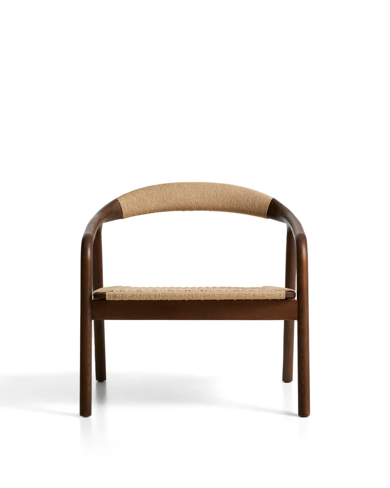 Derile armchair in solid oak wood with walnut finish and beige paper rope cord FSC 100%