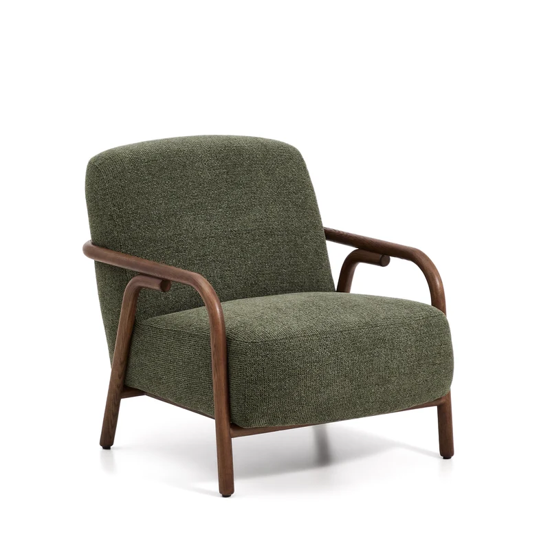 Sylo armchair in dark green chenille and solid ash wood with walnut-coloured finish FSC 100%