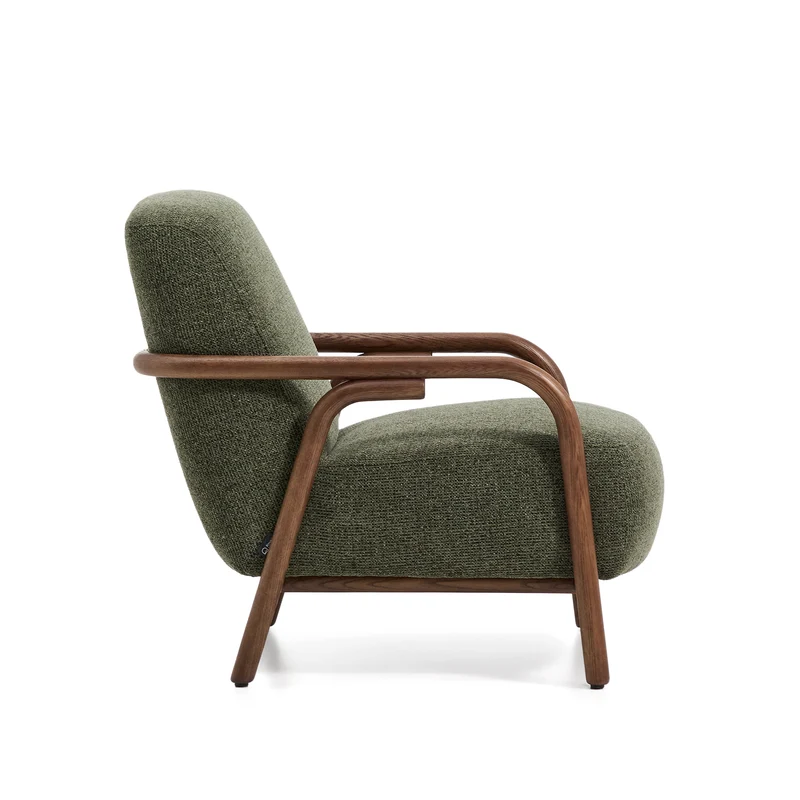 Sylo armchair in dark green chenille and solid ash wood with walnut-coloured finish FSC 100%