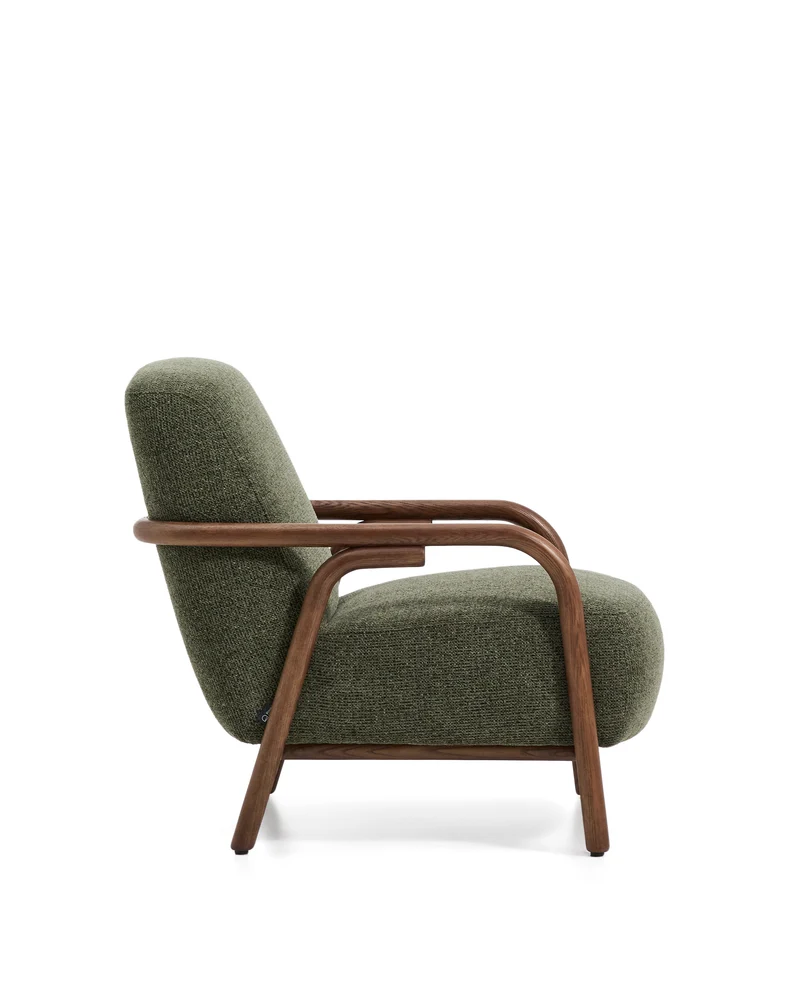 Sylo armchair in dark green chenille and solid ash wood with walnut-coloured finish FSC 100%