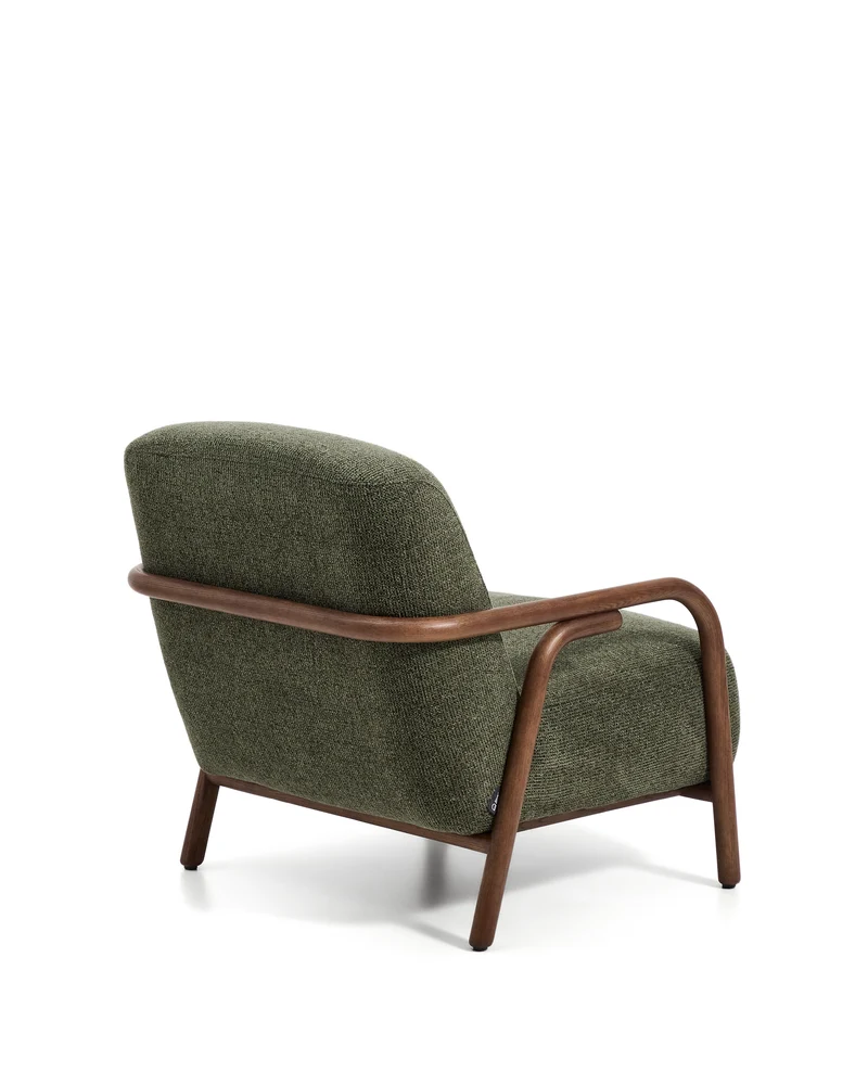 Sylo armchair in dark green chenille and solid ash wood with walnut-coloured finish FSC 100%