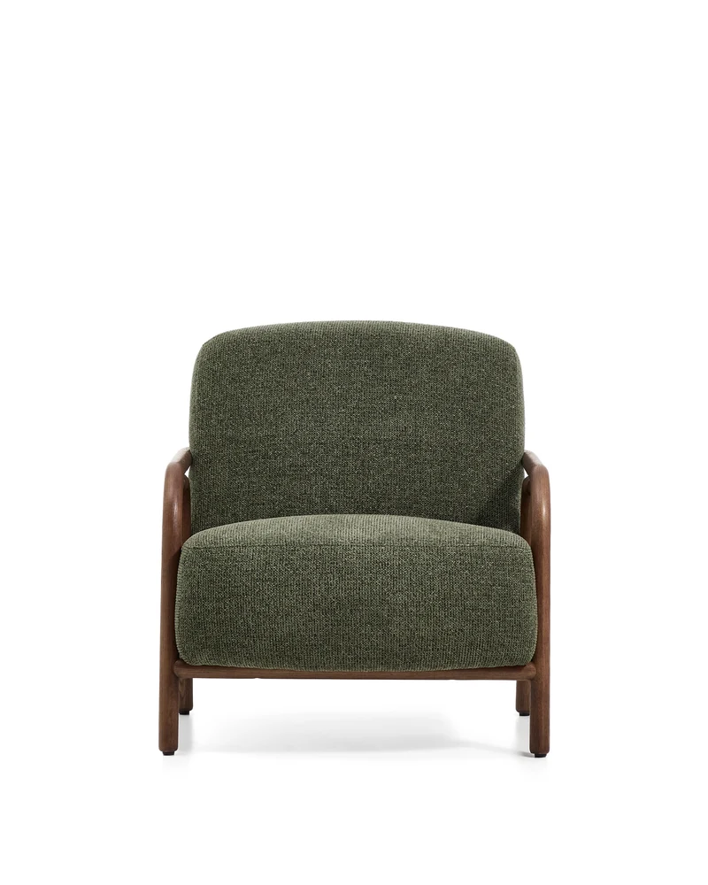 Sylo armchair in dark green chenille and solid ash wood with walnut-coloured finish FSC 100%
