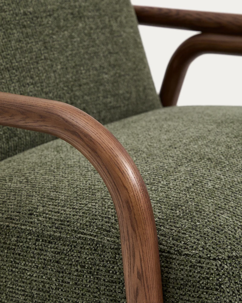 Sylo armchair in dark green chenille and solid ash wood with walnut-coloured finish FSC 100%
