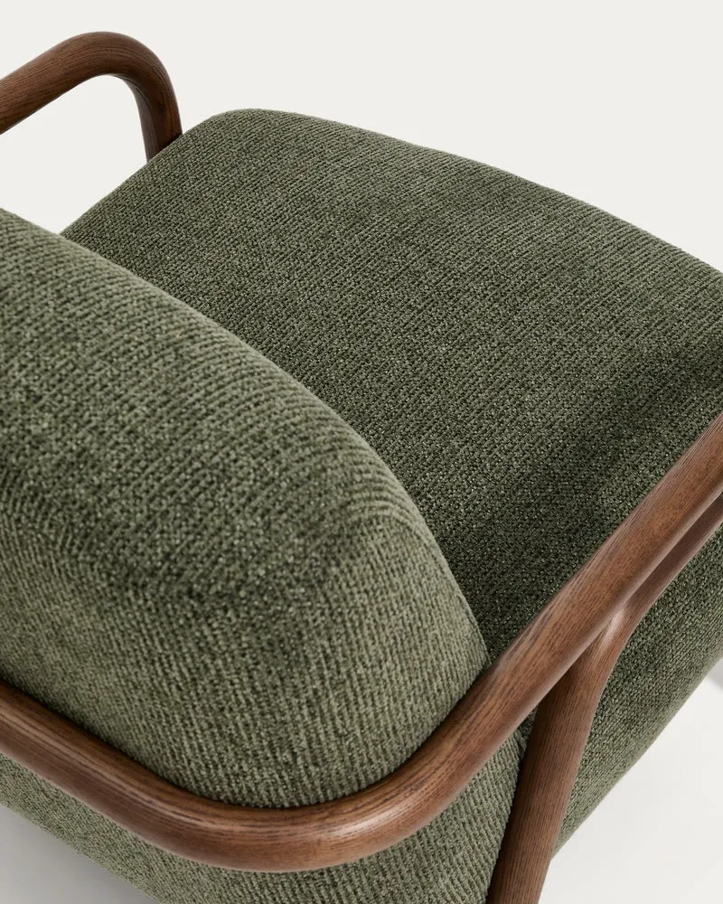 Sylo armchair in dark green chenille and solid ash wood with walnut-coloured finish FSC 100%
