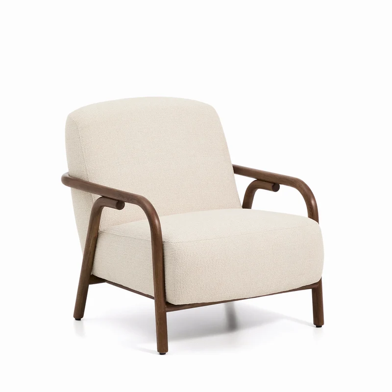 Sylo armchair in beige chenille and solid ash wood with walnut-coloured finish FSC 100%