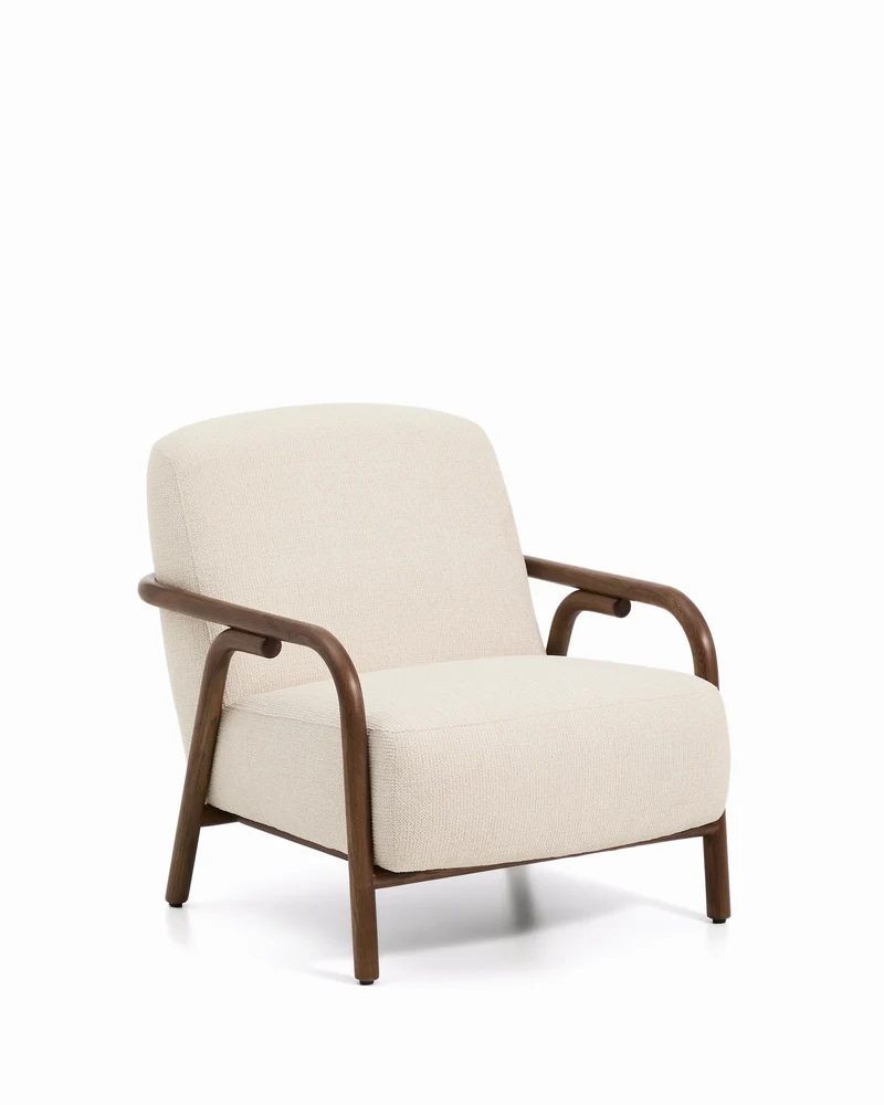 Sylo armchair in beige chenille and solid ash wood with walnut-coloured finish FSC 100%