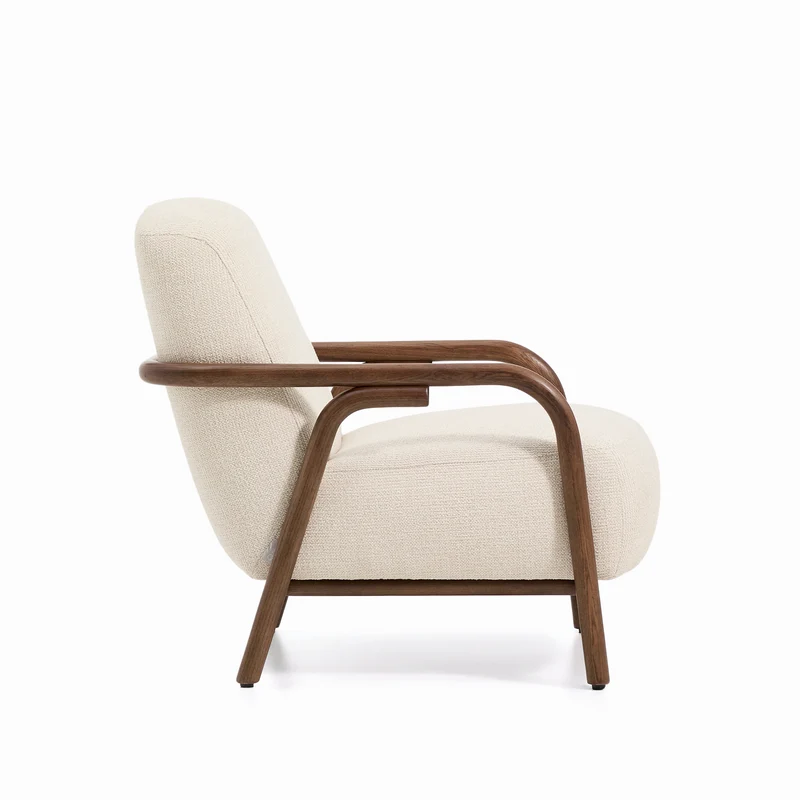 Sylo armchair in beige chenille and solid ash wood with walnut-coloured finish FSC 100%