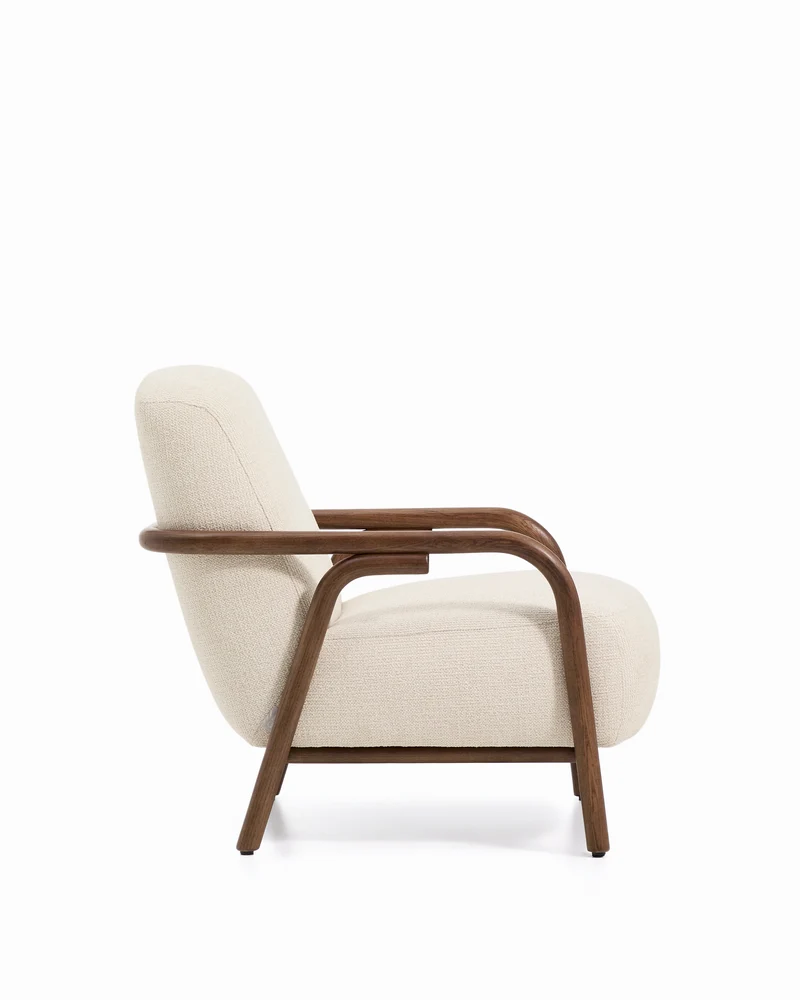 Sylo armchair in beige chenille and solid ash wood with walnut-coloured finish FSC 100%