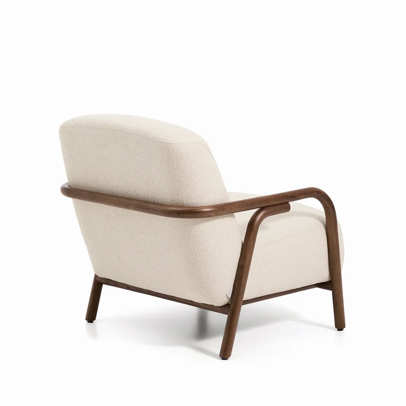 Sylo armchair in beige chenille and solid ash wood with walnut-coloured finish FSC 100%