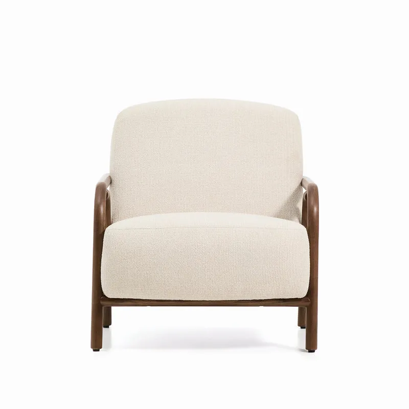 Sylo armchair in beige chenille and solid ash wood with walnut-coloured finish FSC 100%
