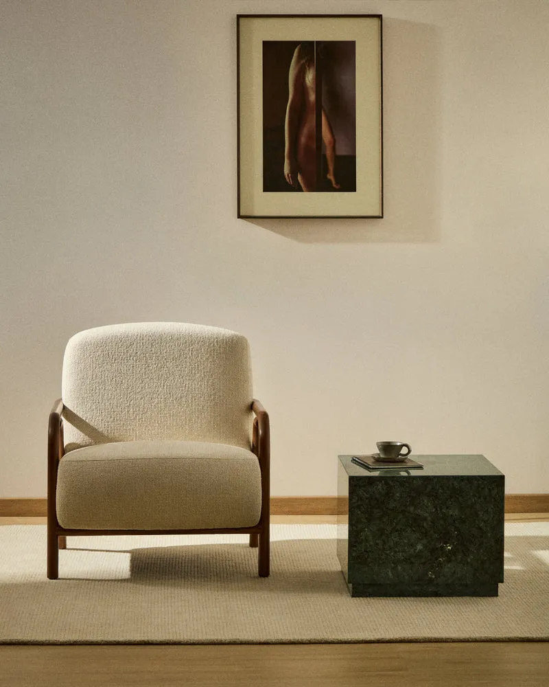 Sylo armchair in beige chenille and solid ash wood with walnut-coloured finish FSC 100%