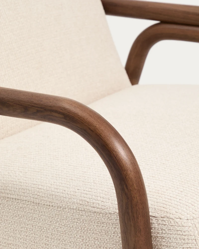 Sylo armchair in beige chenille and solid ash wood with walnut-coloured finish FSC 100%