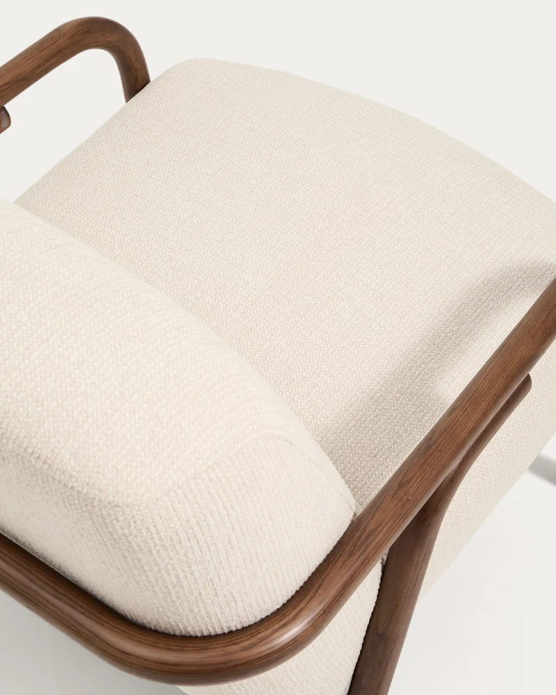 Sylo armchair in beige chenille and solid ash wood with walnut-coloured finish FSC 100%