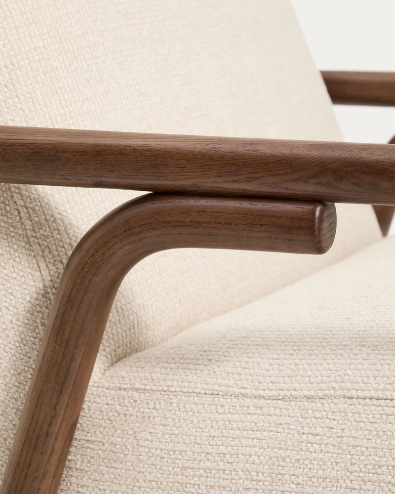 Sylo armchair in beige chenille and solid ash wood with walnut-coloured finish FSC 100%