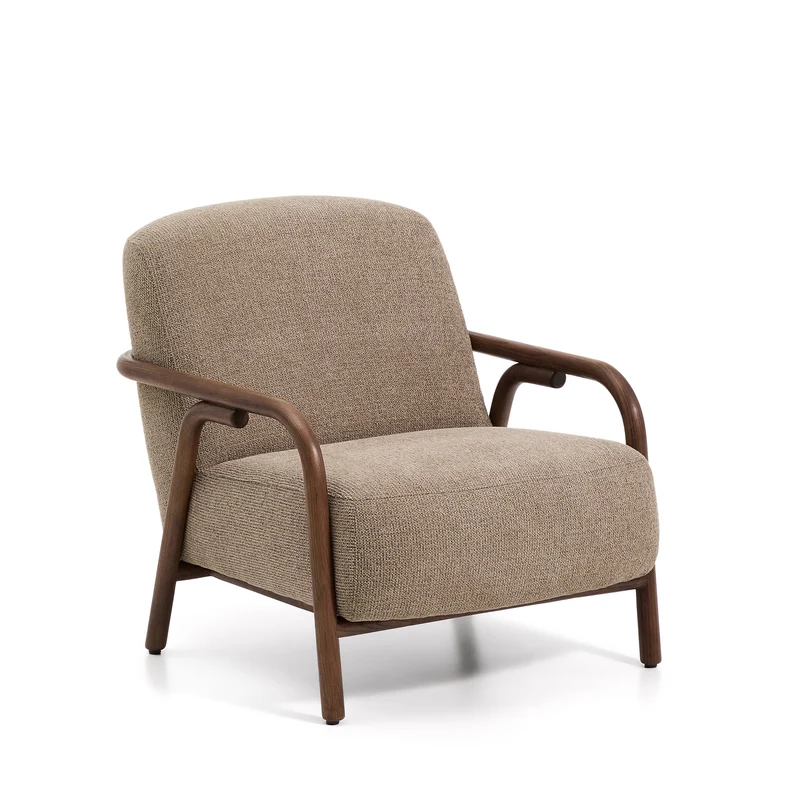 Sylo armchair in taupe chenille and solid ash wood with walnut-coloured finish FSC 100%