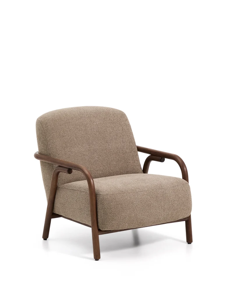 Sylo armchair in taupe chenille and solid ash wood with walnut-coloured finish FSC 100%