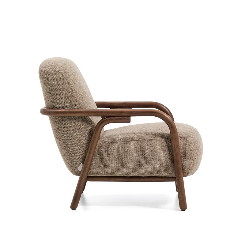 Sylo armchair in taupe chenille and solid ash wood with walnut-coloured finish FSC 100%