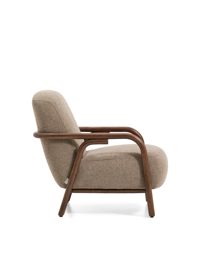 Sylo armchair in taupe chenille and solid ash wood with walnut-coloured finish FSC 100%