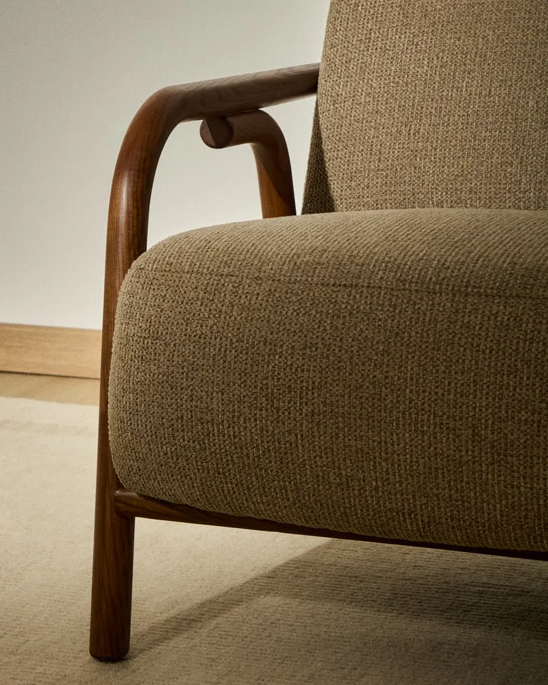 Sylo armchair in taupe chenille and solid ash wood with walnut-coloured finish FSC 100%