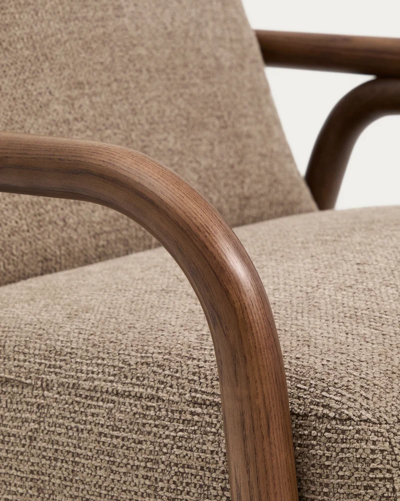 Sylo armchair in taupe chenille and solid ash wood with walnut-coloured finish FSC 100%