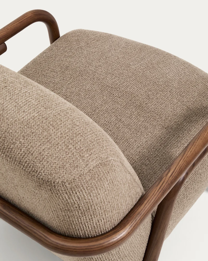 Sylo armchair in taupe chenille and solid ash wood with walnut-coloured finish FSC 100%
