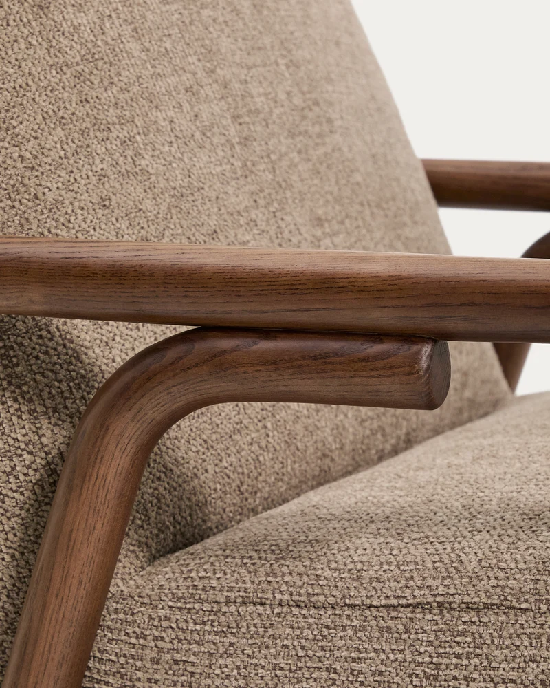 Sylo armchair in taupe chenille and solid ash wood with walnut-coloured finish FSC 100%