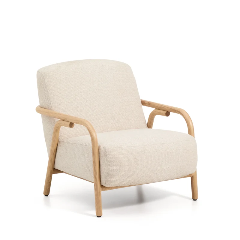 Sylo armchair in beige chenille and solid ash wood with natural-coloured finish FSC 100%