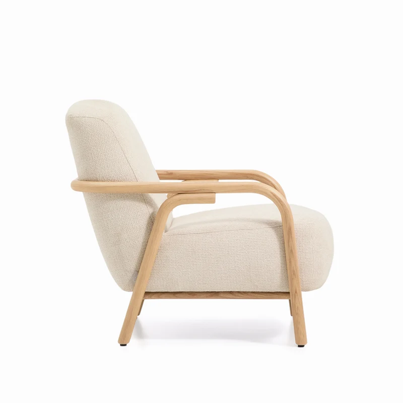 Sylo armchair in beige chenille and solid ash wood with natural-coloured finish FSC 100%