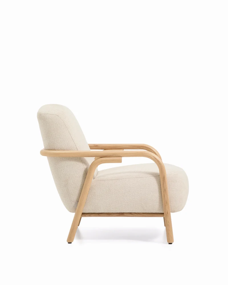 Sylo armchair in beige chenille and solid ash wood with natural-coloured finish FSC 100%