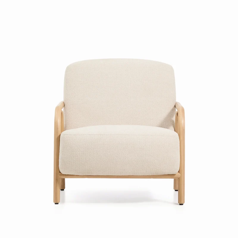 Sylo armchair in beige chenille and solid ash wood with natural-coloured finish FSC 100%