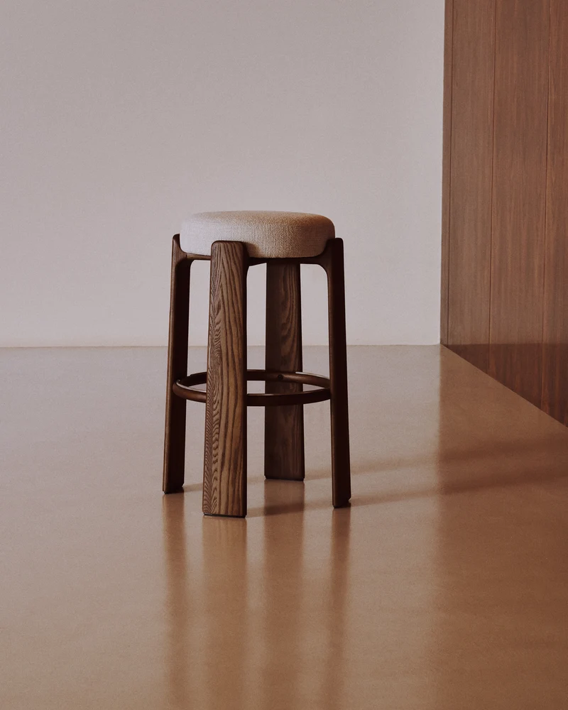 Granite stool in beige chenille & walnut 75cm