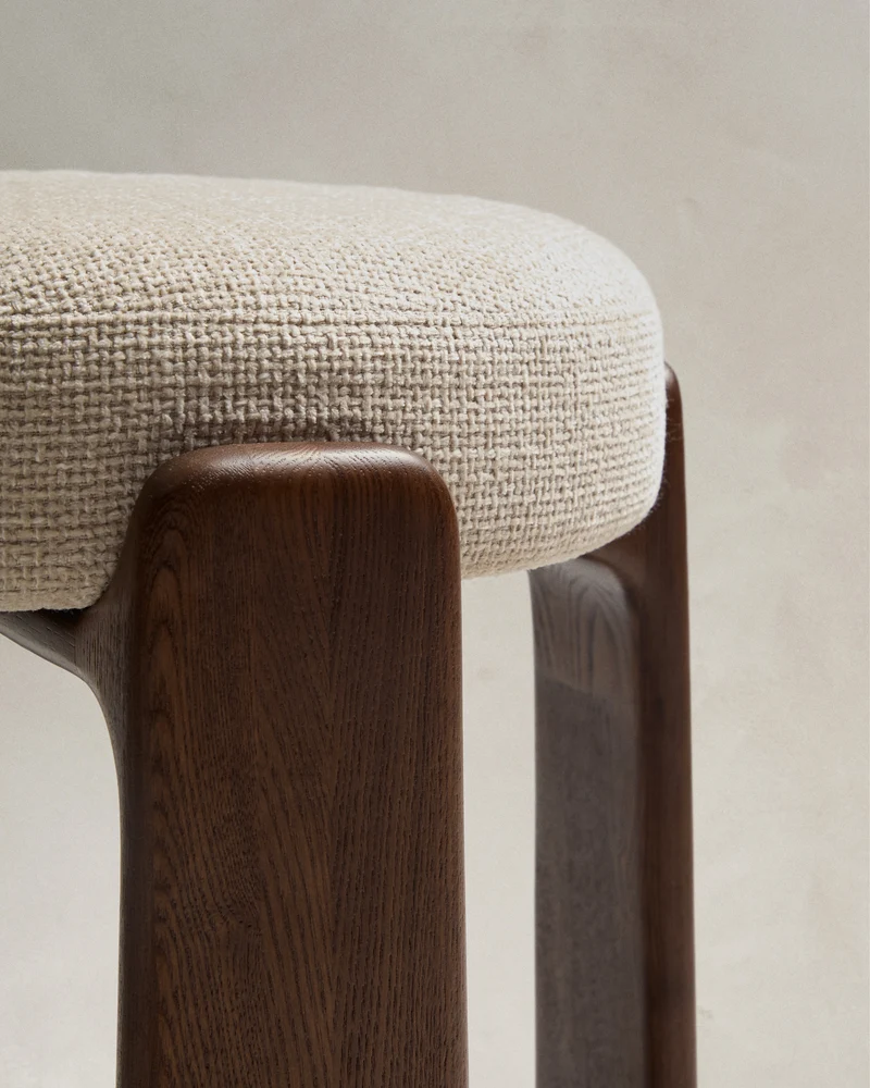 Granite stool in beige chenille & walnut 75cm