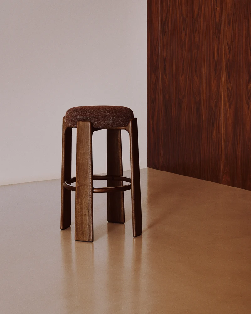 Granite stool in brown chenille & walnut 75cm