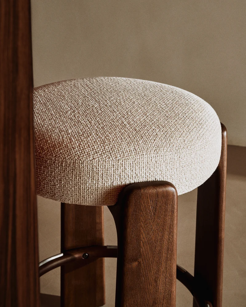 Granite stool in beige chenille and solid ash wood with walnut-coloured finish FSC 100% 65cm