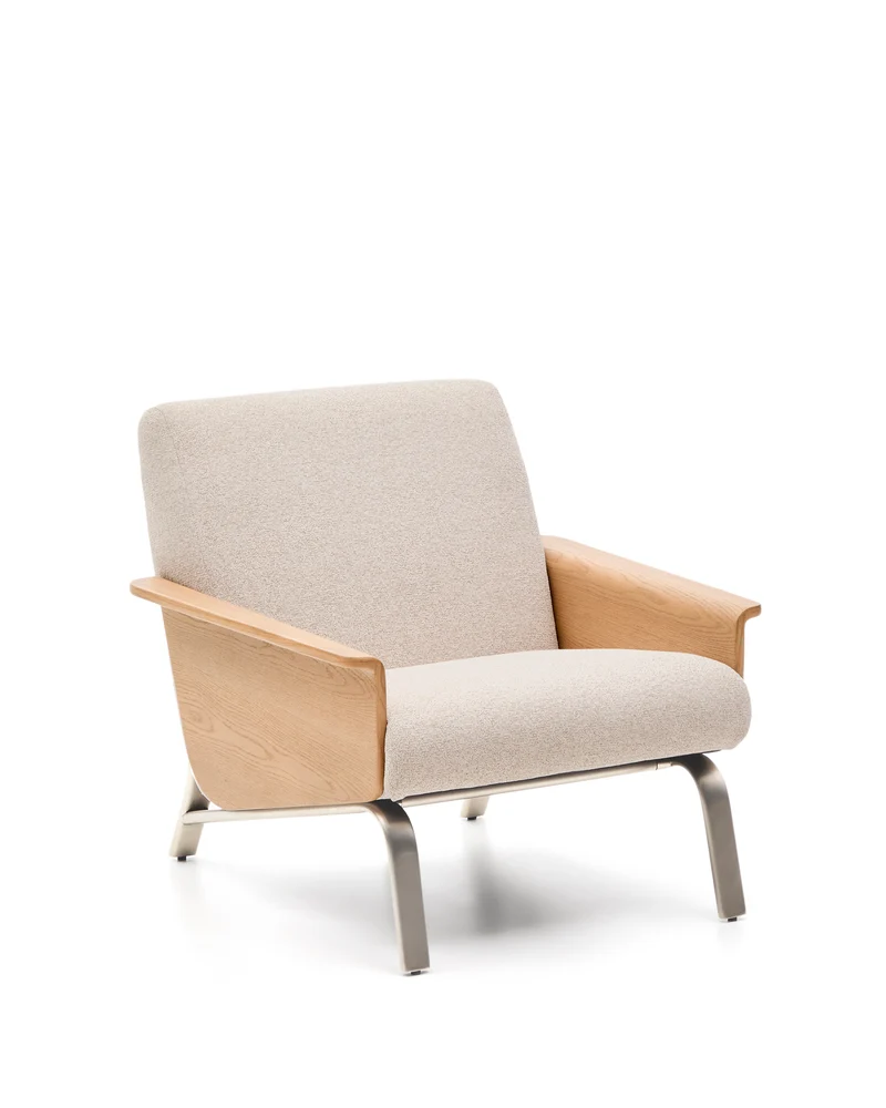 Amsen beige armchair in oak plywood with legs in brushed stainless steel