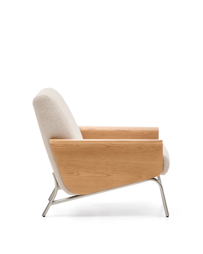 Amsen beige armchair in oak plywood with legs in brushed stainless steel
