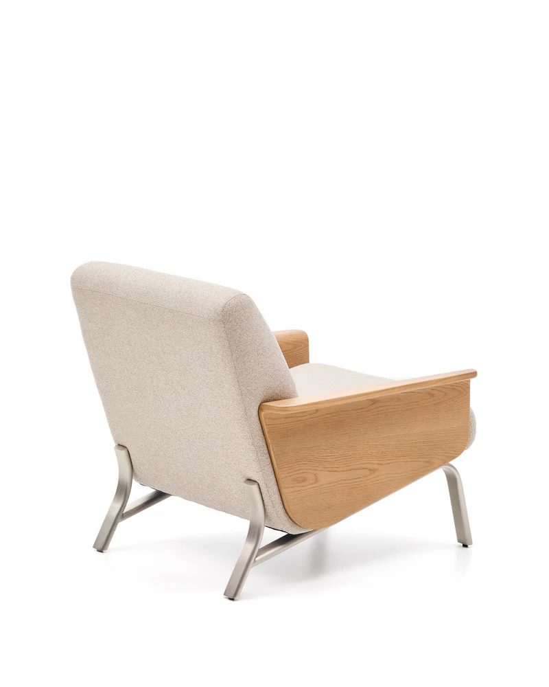 Amsen beige armchair in oak plywood with legs in brushed stainless steel