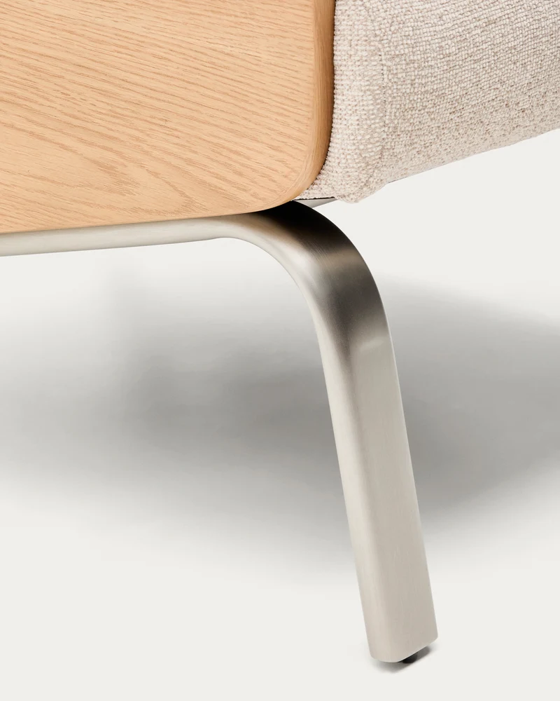 Amsen beige armchair in oak plywood with legs in brushed stainless steel