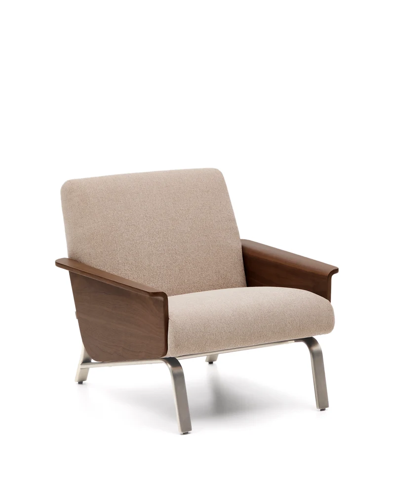Amsen light brown armchair in walnut plywood with legs in brushed stainless steel